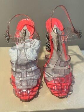 Sophia Webster Crystal Vinyl Neon Pink Jelly Sandals, Women’s Size 36, NIB